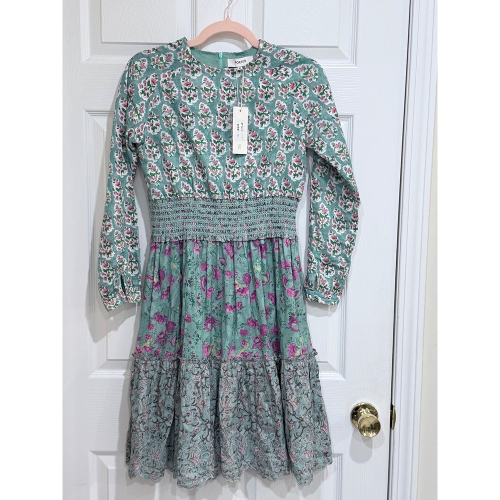 Porter Girls Floral Smocked Waist Tiered Cotton Dress Mint Green Pink Size 16